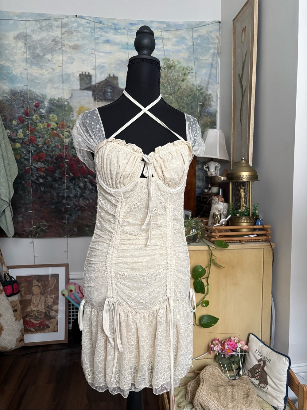 Current Mood Cream Lace Midi Dress with Sheer Sleeves and Crisscross Straps